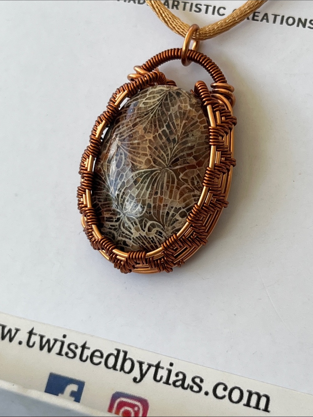Twisted Copper Wire Wrapped Brown and Cream Fossil Agate Pendant